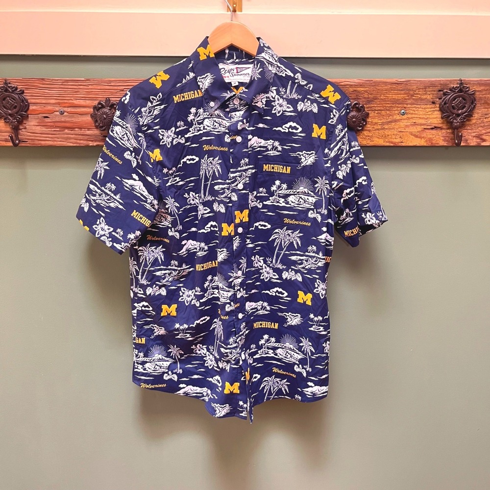 Reyn Spooner University of Michigan Wolverines Navy Hawaiian Shirt‎ Mens Medium